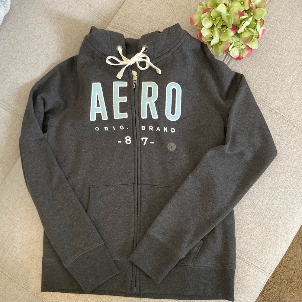 Aeropostale Gray and Light Teal Zip Hooded Sweatshirt Size S NWT